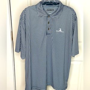 Brand: Pebble Beach, Blue/White Polo shirt.     Size L, stretch knit